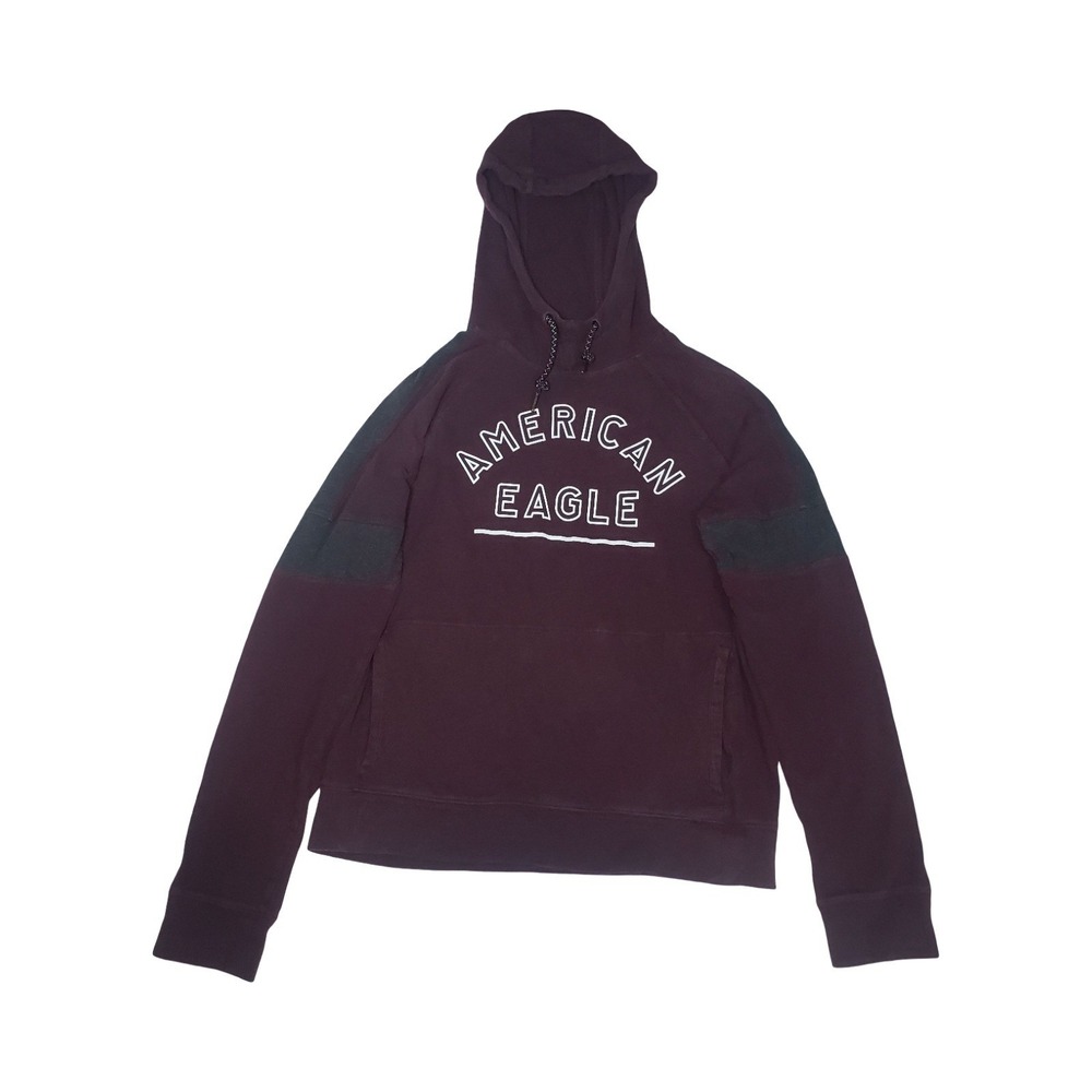 American Eagle Mens Small Burgundy Maroon Graphic Pullover Hoodie Cotton Raglan